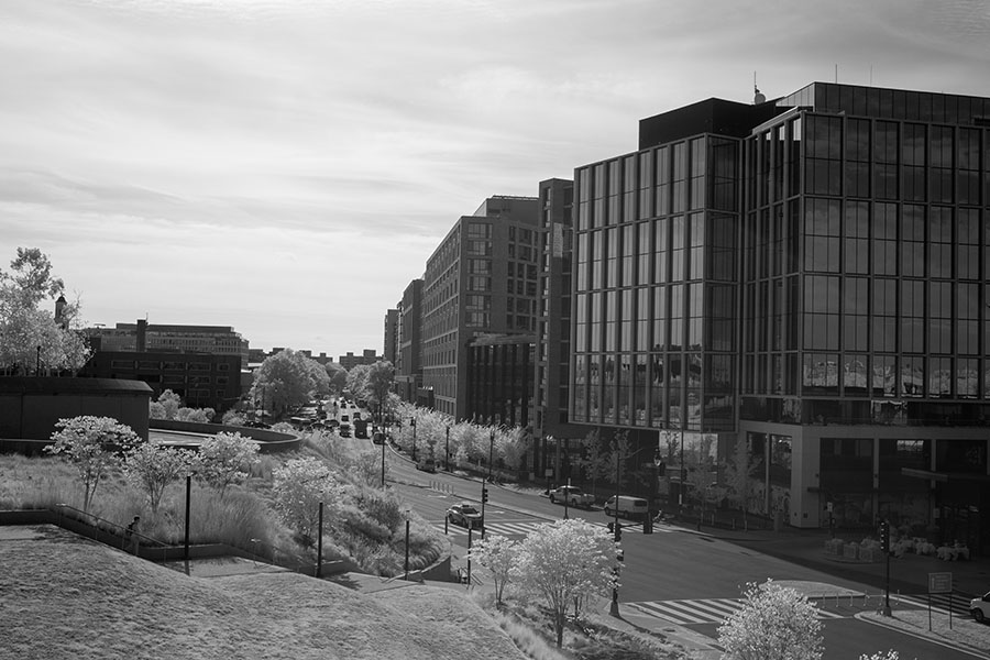 Infrared view down Maine Avenue, showing the Wharf Development from the 14th Street Bridge in Washington DC.